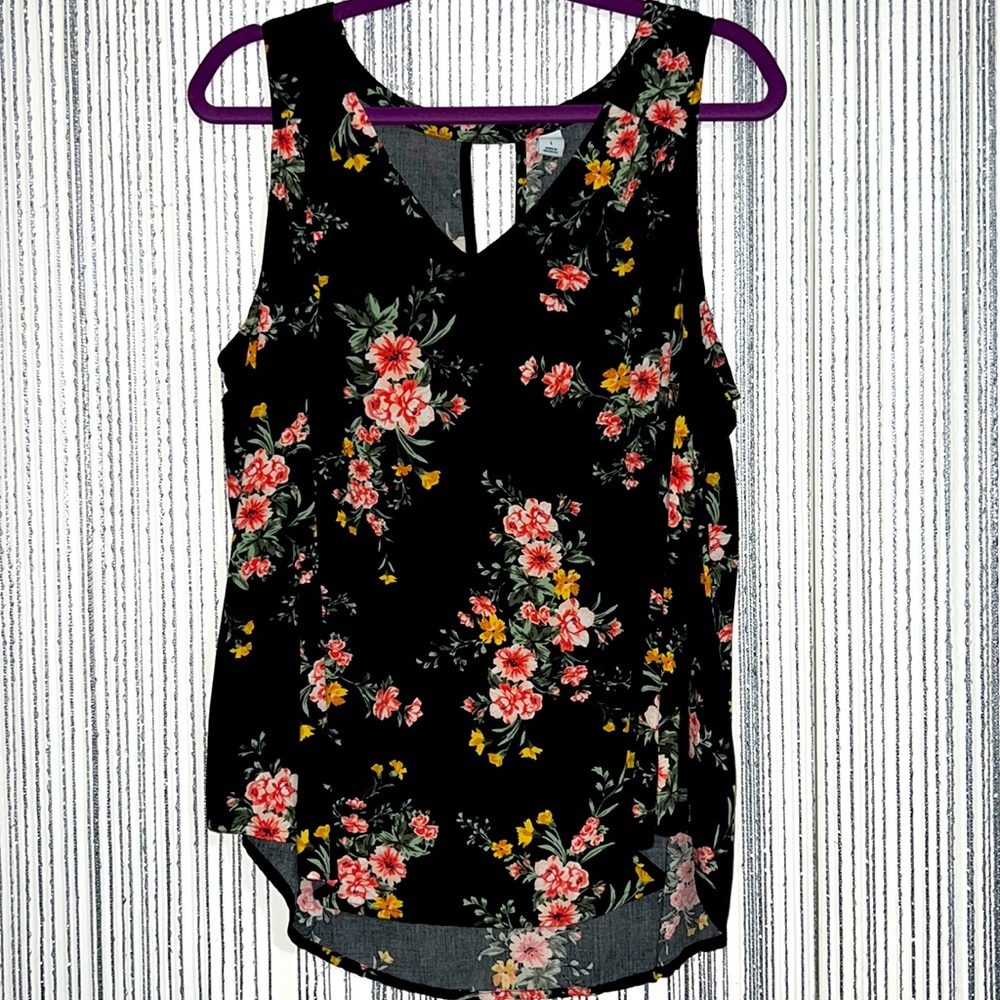 Old Navy Black Floral V-Neck Tank Top